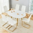 thumbnail image 1 of NYEESS 7-Piece Extendable Dining Table Set, 42"-54" Round to Oval White Faux Marble-Textured MDF Top & Gold Metal Legs, Modern Kitchen Set with 6 White PU Chairs, 1 of 12
