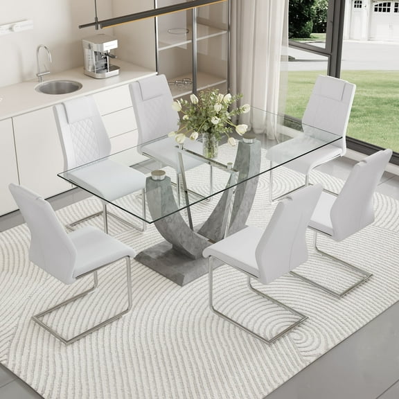 NYEESS 7-Piece Glass Dining Table Set for 6 with Tempered Glass Top and 6 Upholstered PU Chairs Chrome Base for Dining Room Kitchen