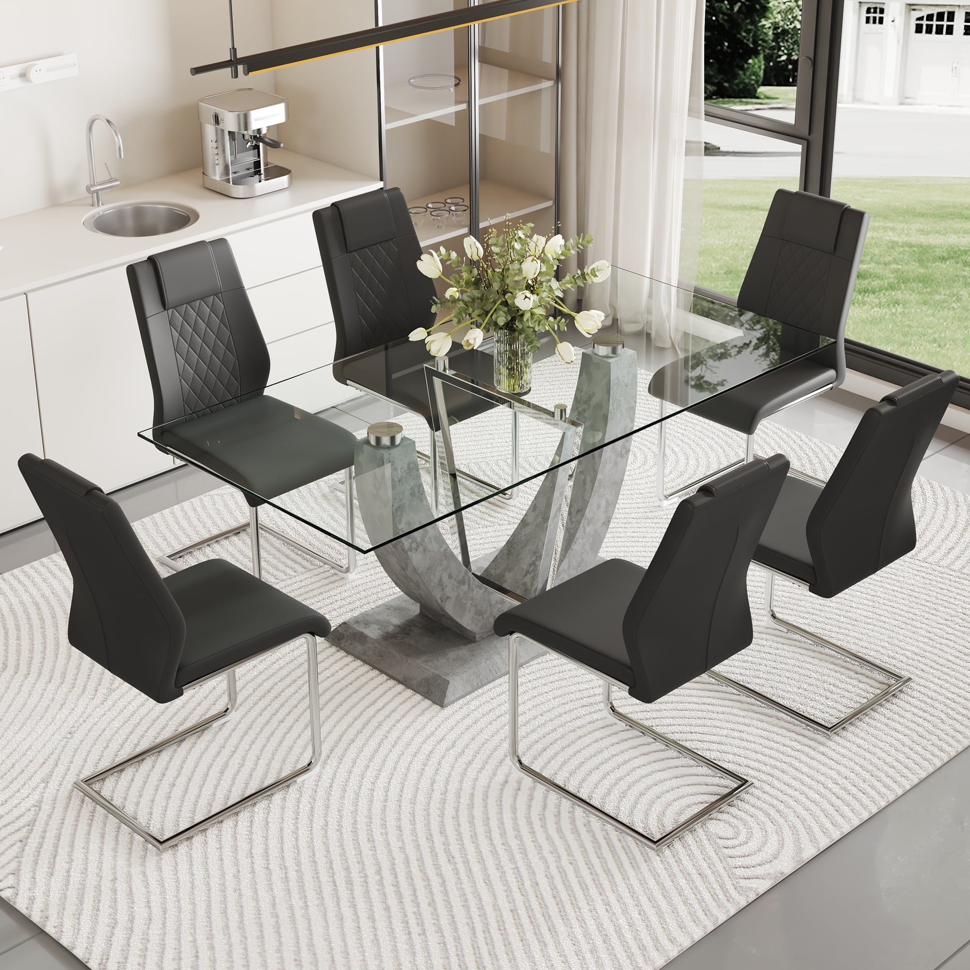 NYEESS 7-Piece Glass Dining Table Set for 6 with Tempered Glass Top and ...