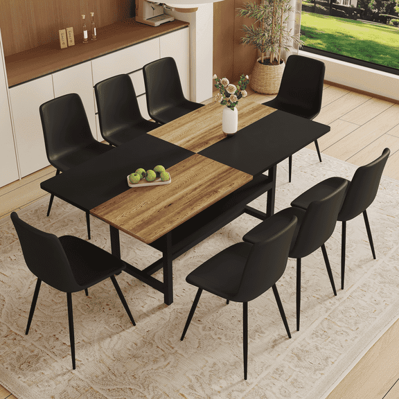 NYEESS 9-Piece 71 inch Wood Dining Table Set with Storage Shelf and 8 Black PU Chairs, Modern Dining Room Furniture