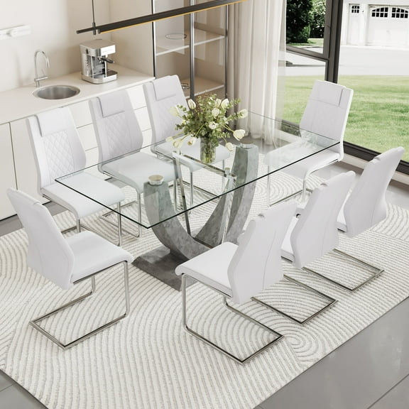 NYEESS 9-Piece Glass Dining Table Set for 8 with Tempered Glass Top and 8 Upholstered PU Chairs Chrome Base for Dining Room Kitchen