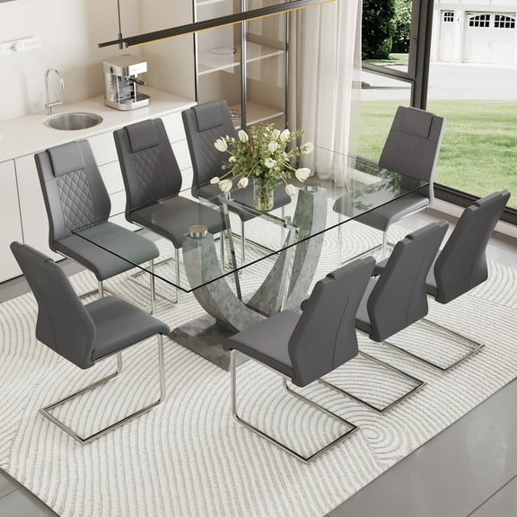 NYEESS 9-Piece Glass Dining Table Set for 8 with Tempered Glass Top and 8 Upholstered PU Chairs Chrome Base for Dining Room Kitchen