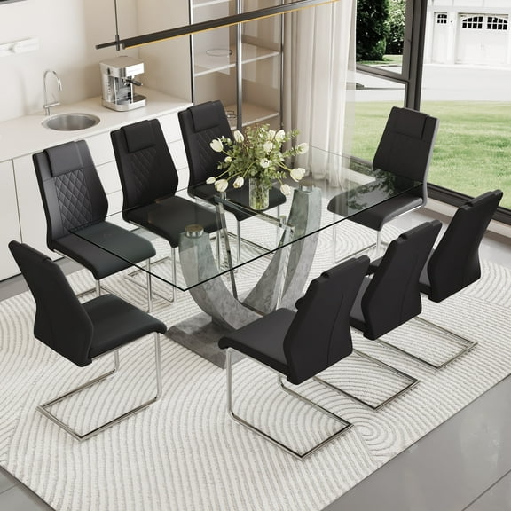 NYEESS 9-Piece Glass Dining Table Set for 8 with Tempered Glass Top and 8 Upholstered PU Chairs Chrome Base for Dining Room Kitchen