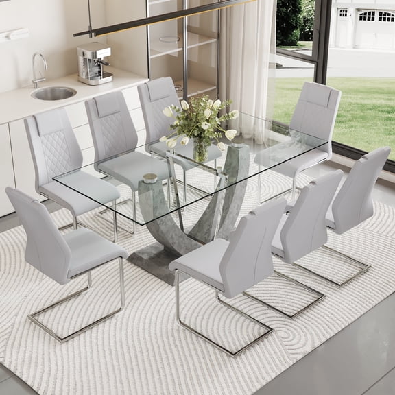 NYEESS 9-Piece Glass Dining Table Set for 8 with Tempered Glass Top and 8 Upholstered PU Chairs Chrome Base for Dining Room Kitchen