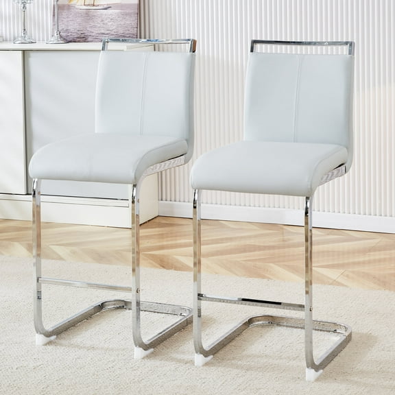 NYEESS Bar Stools Set of 2, 25" H Light Gray Counter Height Bar Stools with Backrest, Modern PU Leather Cantilever Island Chairs with Chrome Metal Base & Footrest, Kitchen & Home Bar Seating