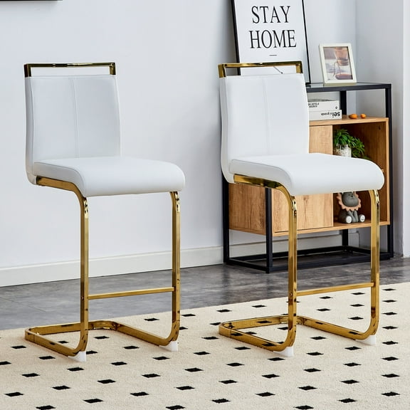 NYEESS Bar Stools Set of 2, 25" H White Counter Height Bar Stools with Backrest, Modern PU Leather Cantilever Island Chairs with Golden Metal Base & Footrest, Kitchen & Home Bar Seating