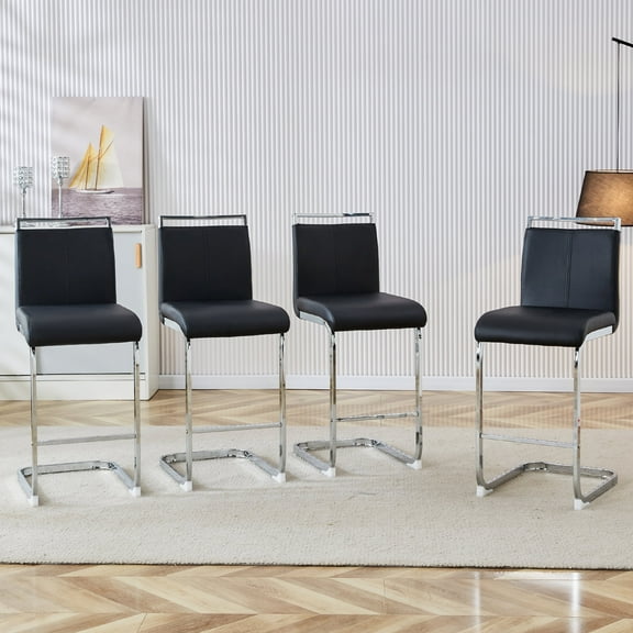 NYEESS Bar Stools Set of 4, 25" H Black Counter Height Bar Stools with Backrest, Modern PU Leather Cantilever Island Chairs with Chrome Metal Base & Footrest, Kitchen & Home Bar Seating