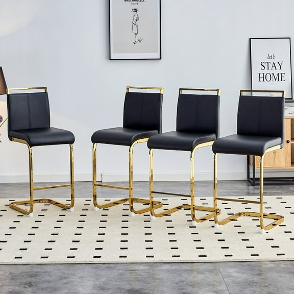 NYEESS Bar Stools Set of 4, 25" H Black Counter Height Bar Stools with Backrest, Modern PU Leather Cantilever Island Chairs with Golden Metal Base & Footrest, Kitchen & Home Bar Seating