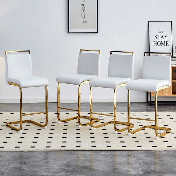 NYEESS Bar Stools Set of 4, 25" H White Counter Height Bar Stools with Backrest, Modern PU Leather Cantilever Island Chairs with Golden Metal Base & Footrest, Kitchen & Home Bar Seating