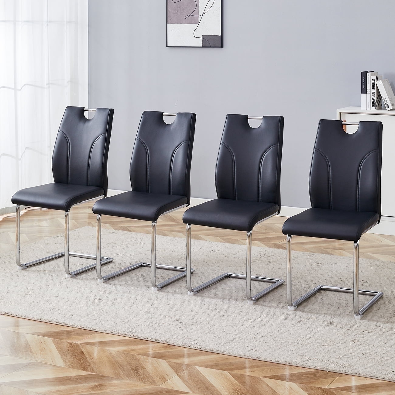 NYEESS Set of 4 Black PU Dining Chairs with Silver Metal Legs, Modern Ergonomic Seating for Kitchen or Office