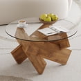 thumbnail image 1 of NYEESS 33.4" Round Glass Coffee Table, Tempered Glass Top with Rustic MDF Legs, Natural Farmhouse Style Living Room Accent Table, 1 of 11