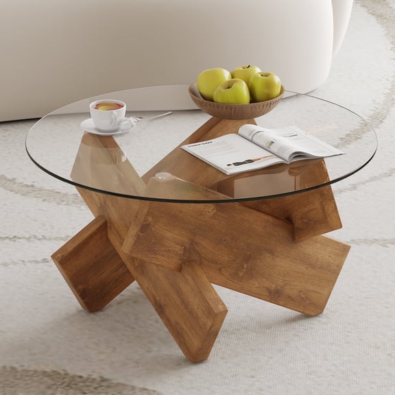 NYEESS 33.4" Round Glass Coffee Table, Tempered Glass Top with Rustic MDF Legs, Natural Farmhouse Style Living Room Accent Table