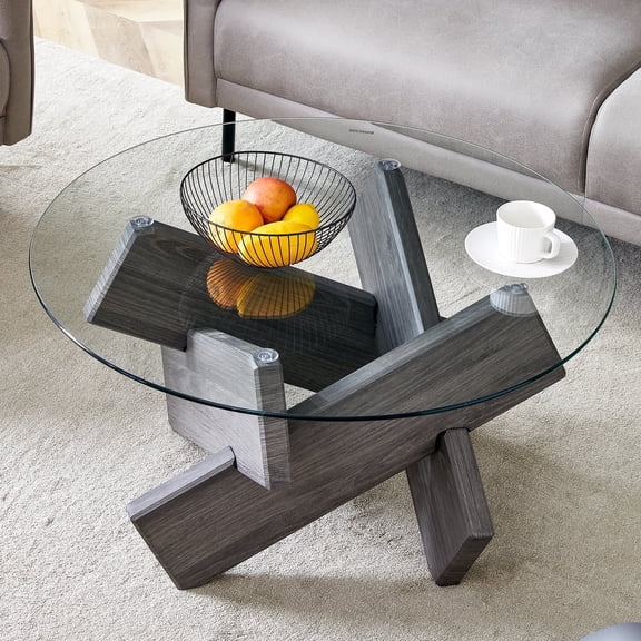 NYEESS 33.4" Round Glass Coffee Table with Tempered Top and MDF Legs, Modern Farmhouse Living Room Accent Table