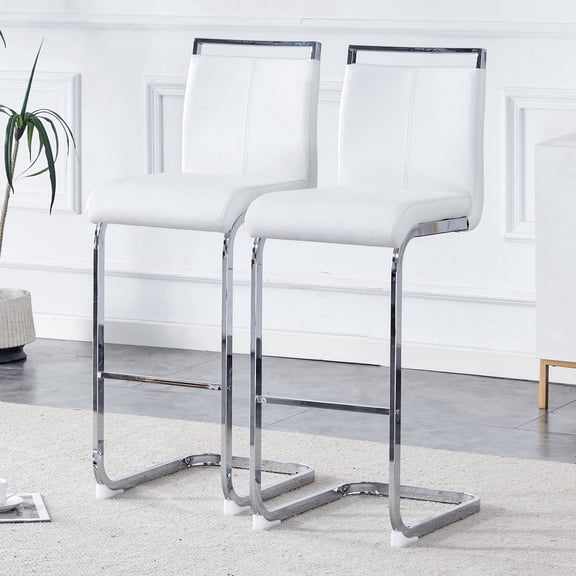 NYEESS Counter Height Bar Stools Set of 2 White Faux Leather Kitchen Island Chairs with Back and Chrome Metal Legs for Dining Bar Pub