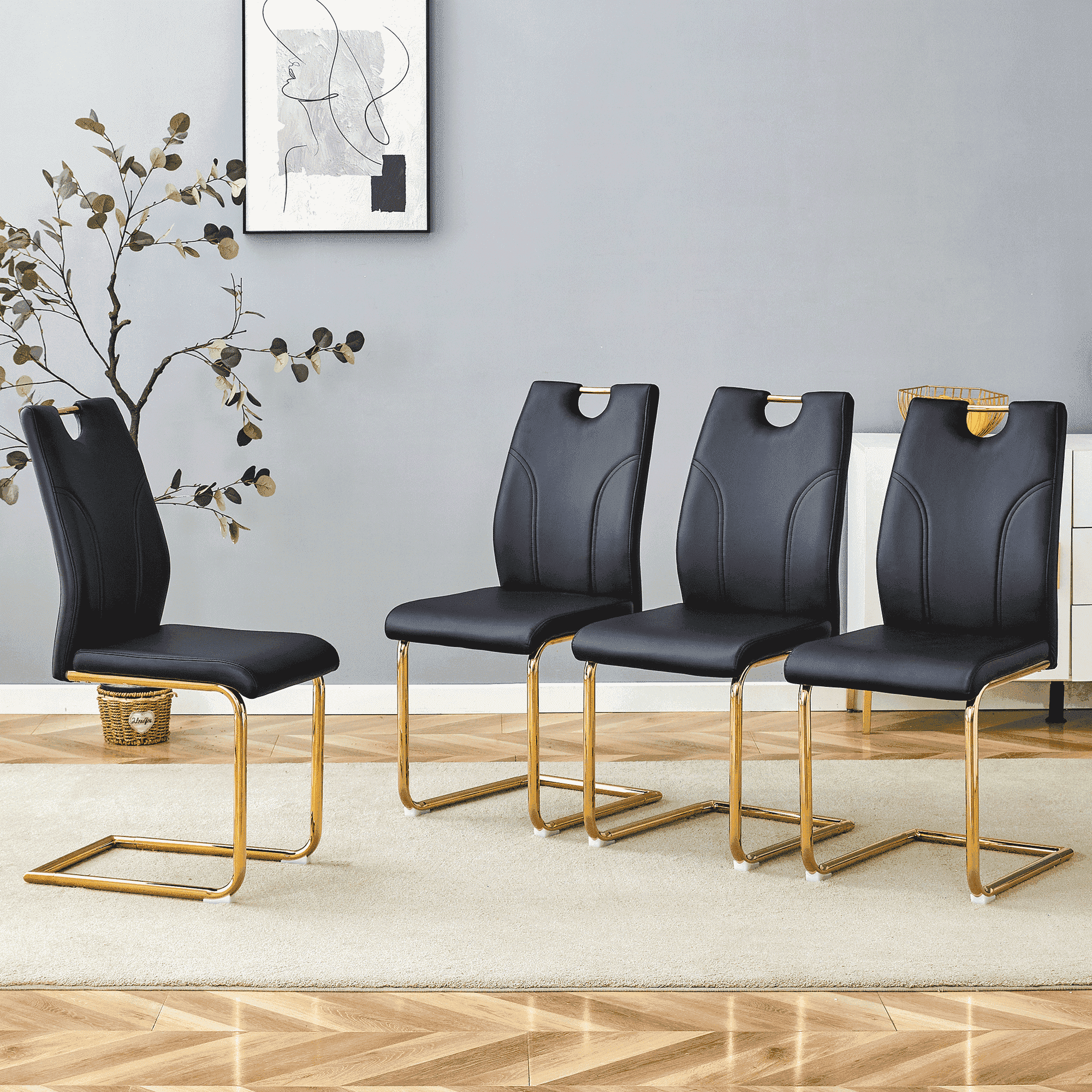 NYEESS Set of 4 Black PU Dining Chairs with Gold Metal Legs, Modern Upholstered Seating for Kitchen or Office