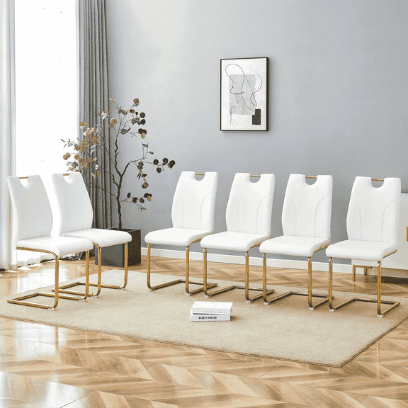 NYEESS Set of 6 White PU Dining Chairs with Gold Metal Legs, Modern Upholstered Seating for Kitchen or Office