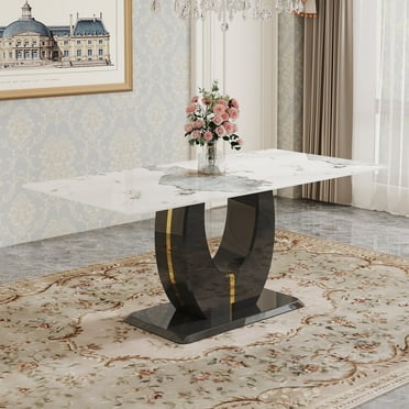 NYEESS Dining Table 71" Marble Kitchen Table Modern Rectangular Dining Room Table with Marble Table Top Wood Pedestal Base Ideal for 6-8 People ,for Kitchen, Dining Room & Living Room
