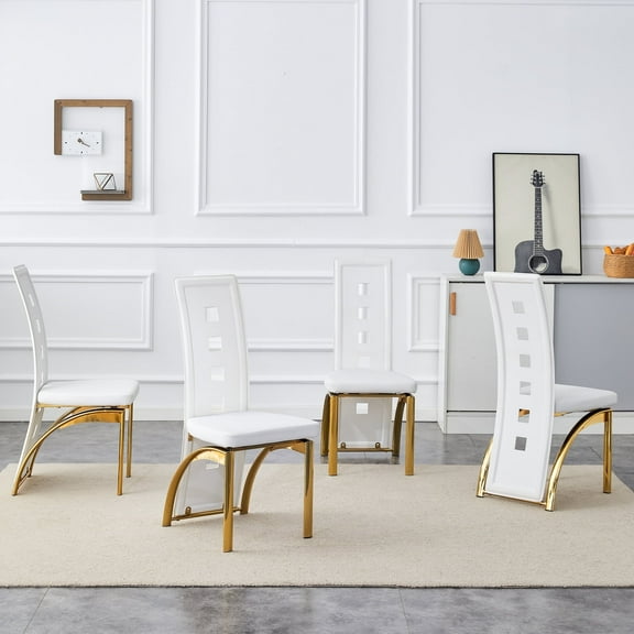 NYEESS Set of 4 White PU Leather Dining Chairs, Gold Metal Legs Modern High Back Upholstered Armless Chairs for Kitchen and Dining Room
