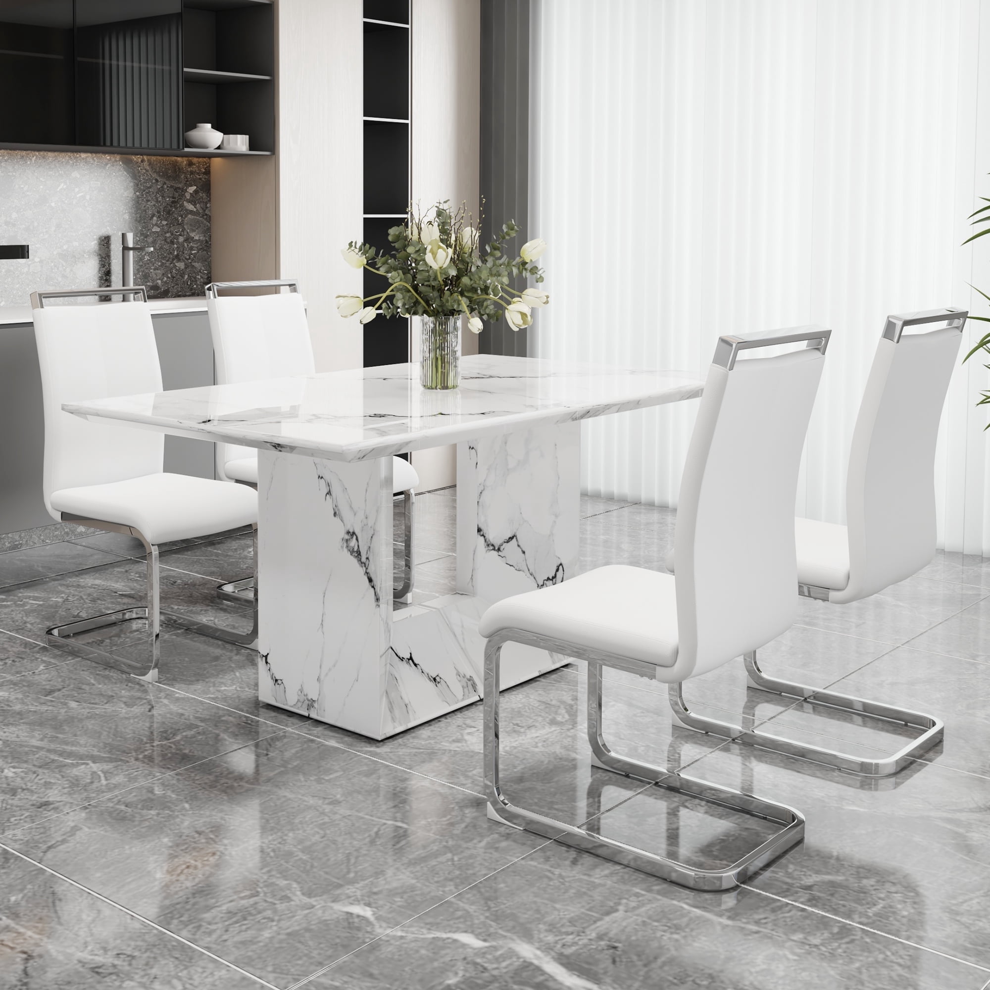 NYEESS Modern Dining Table Set for 4, 63" White Faux Marble Kitchen ...