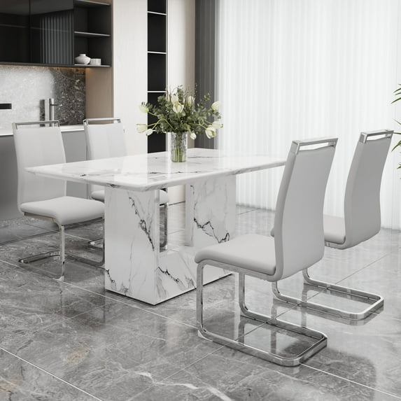 NYEESS Modern Dining Table Set for 4, 63" White Faux Marble MDF Table and 4 Light Gray PU Leather Chairs with Silver Metal Legs, Rectangular Dinner Table Set for Home