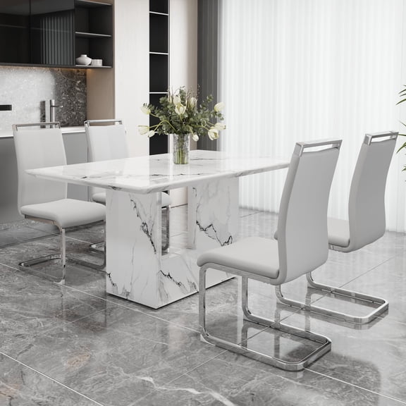 NYEESS Modern Dining Table Set for 4, 63" White Faux Marble MDF Table and 4 Light Gray PU Leather Chairs with Silver Metal Legs, Rectangular Dinner Table Set for Home