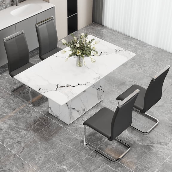 NYEESS Modern Dining Table Set for 4, 63" White Faux Marble Table and 4 Black PU Leather Chairs, MDF Kitchen Table with Silver Metal Legs, Rectangular Dinner Table Set for Home