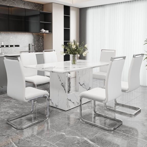 NYEESS Modern Dining Table Set for 6, 63" White Faux Marble Kitchen Table and 6 PU Leather Upholstered Chairs, MDF Dining Room Table with Silver Metal Legs, Rectangular Dinner Table Set for Home
