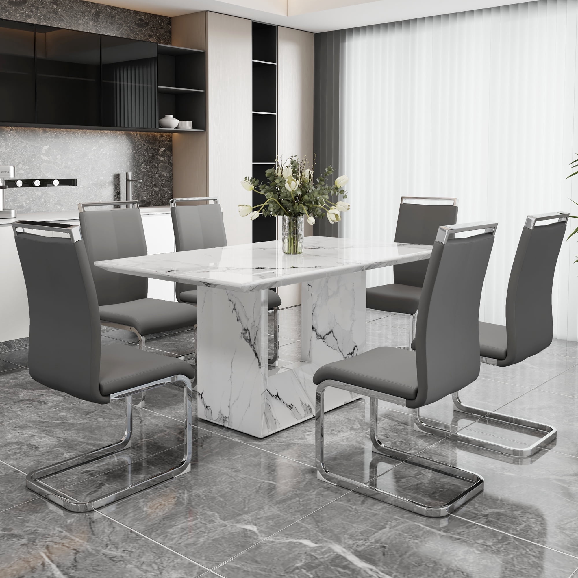 NYEESS Modern Dining Table Set for 6, 63" White Faux Marble MDF Table ...