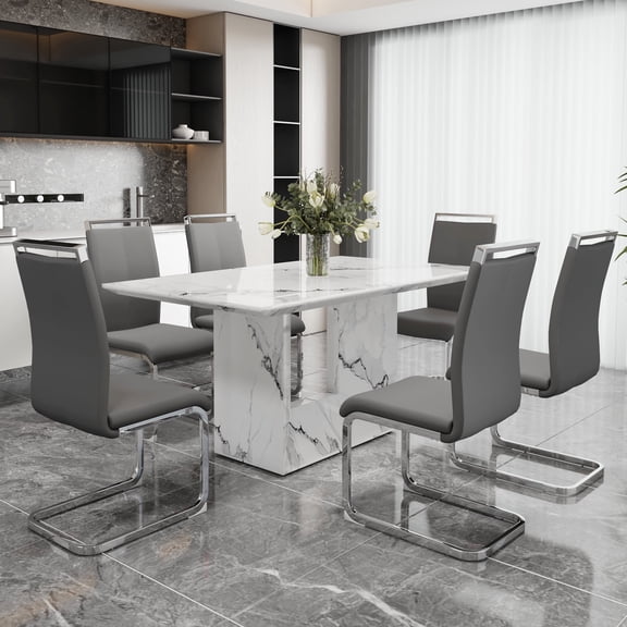 NYEESS Modern Dining Table Set for 6, 63" White Faux Marble MDF Table and 6 Dark Gray PU Leather Chairs with Silver Metal Legs, Rectangular Dinner Table Set for Home