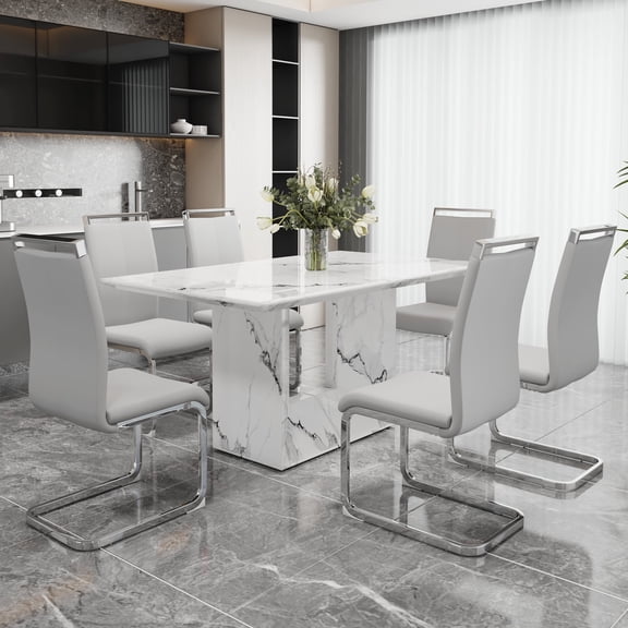 NYEESS Modern Dining Table Set for 6, 63" White Faux Marble MDF Table and 6 Light Gray PU Leather Chairs with Silver Metal Legs, Rectangular Dinner Table Set for Home