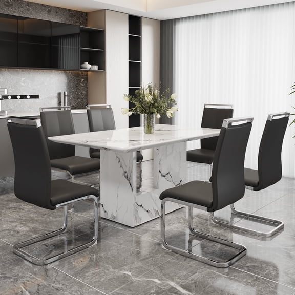 NYEESS Modern Dining Table Set for 6, 63" White Faux Marble Table and 6 Black PU Leather Chairs, MDF Kitchen Table with Silver Metal Legs, Rectangular Dinner Table Set for Home
