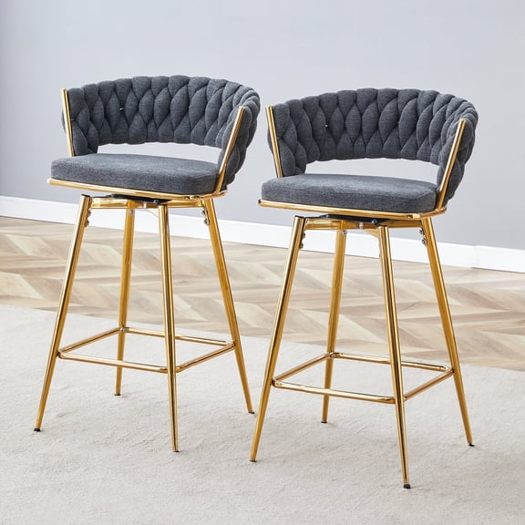 NYEESS Set of 2 Dark Gray Linen Swivel Bar Stools, Gold Metal Legs, Modern Counter Chairs