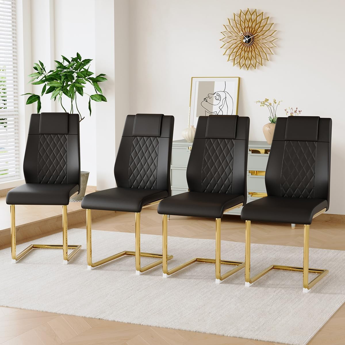 NYEESS Set of 4 Black Armless Dining Chairs with Waterproof Faux Leather Upholstered Seat Gold Electroplated Metal Frame for Kitchen Dining Room