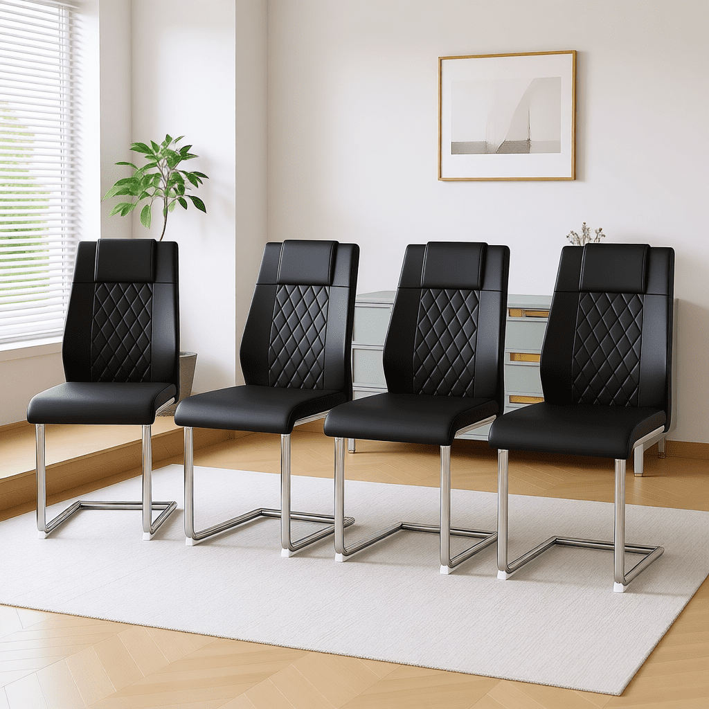 NYEESS Set of 4 Black High Back Dining Chairs Armless with Waterproof Faux Leather Upholstered Seat Chrome Metal Legs for Kitchen Dining Room