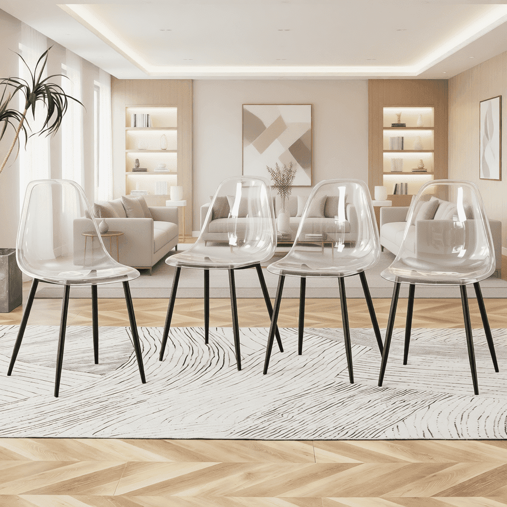 NYEESS Set of 4 Clear Transparent Dining Chairs Armless with Black Metal Legs Modern Acrylic Side Chairs for Kitchen Dining Room