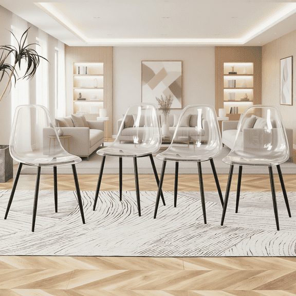 NYEESS Set of 4 Clear Transparent Dining Chairs Armless with Black Metal Legs Modern Acrylic Side Chairs for Kitchen Dining Room