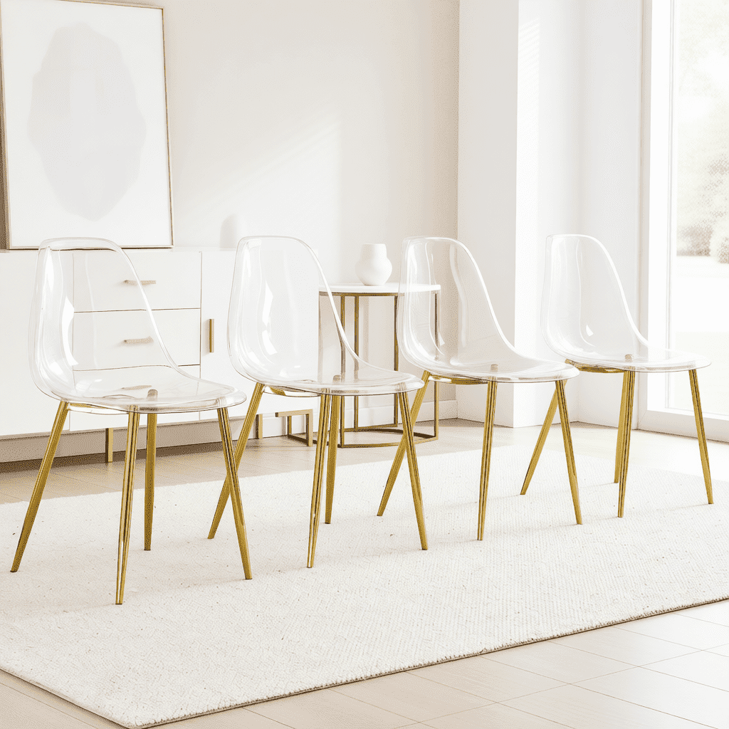 NYEESS Set of 4 Clear Transparent Dining Chairs Armless with Gold Metal Legs Modern Acrylic Side Chairs for Kitchen Dining Room