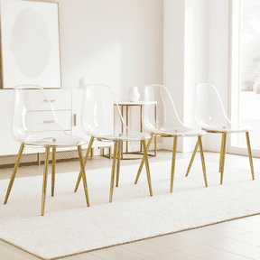 NYEESS Set of 4 Clear Transparent Dining Chairs Armless with Gold Metal Legs Modern Acrylic Side Chairs for Kitchen Dining Room