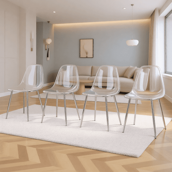 NYEESS Set of 4 Clear Transparent Dining Chairs Armless with Sliver Metal Legs Modern Acrylic Side Chairs for Kitchen Dining Room