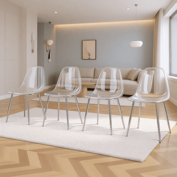NYEESS Set of 4 Clear Transparent Dining Chairs Armless with Sliver Metal Legs Modern Acrylic Side Chairs for Kitchen Dining Room