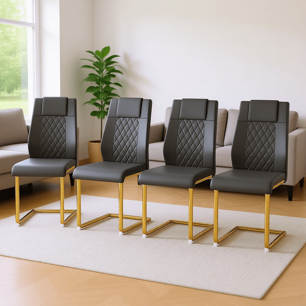 NYEESS Set of 4 Dark Gray Armless Dining Chairs with Waterproof Faux Leather Upholstered Seat Gold Electroplated Metal Frame for Kitchen Dining Room