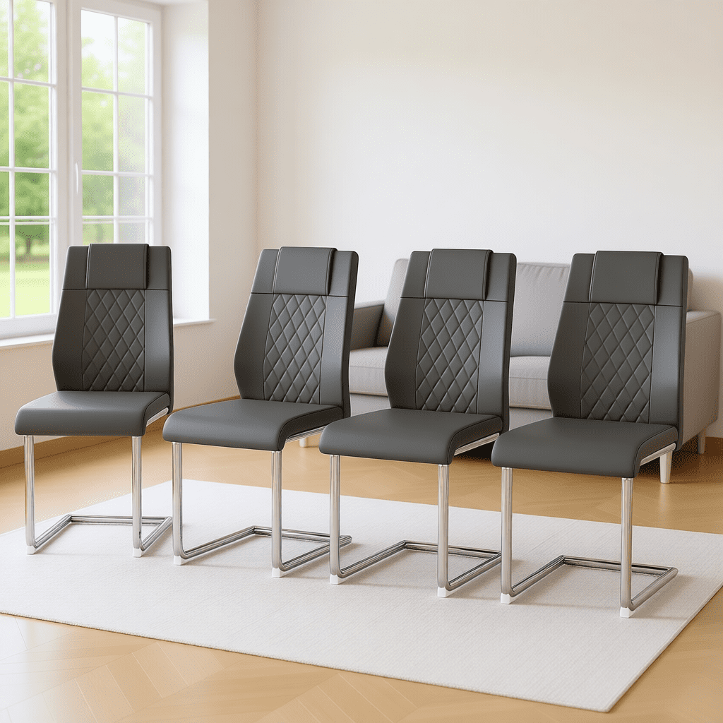 NYEESS Set of 4 Dark Gray High Back Dining Chairs Armless with Waterproof Faux Leather Upholstered Seat Chrome Metal Legs for Kitchen Dining Room
