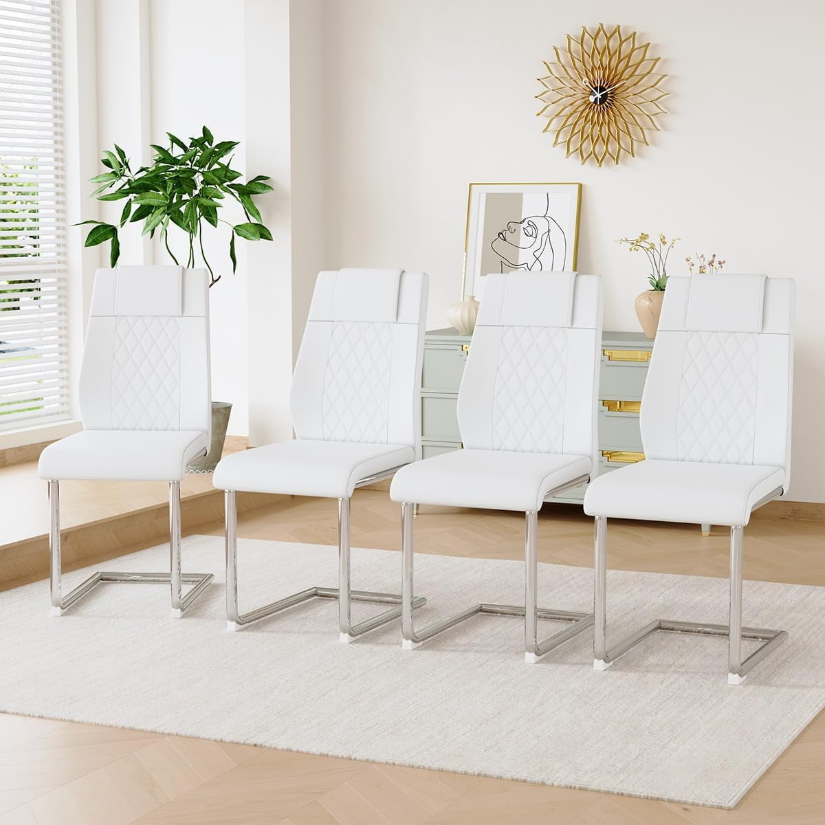 NYEESS Set of 4 White High Back Dining Chairs Armless with Waterproof Faux Leather Upholstered Seat Chrome Metal Legs for Kitchen Dining Room