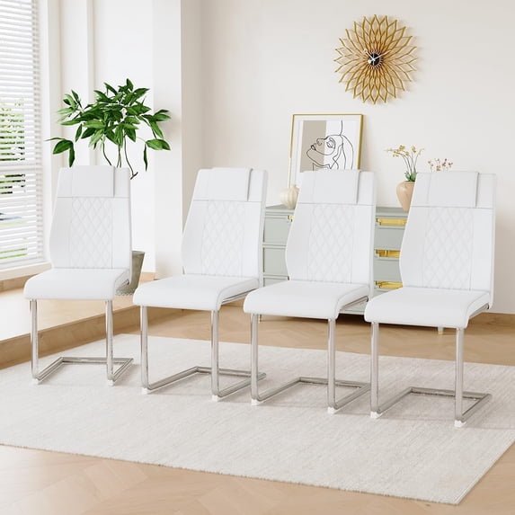 NYEESS Set of 4 White High Back Dining Chairs Armless with Waterproof Faux Leather Upholstered Seat Chrome Metal Legs for Kitchen Dining Room