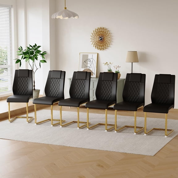 NYEESS Set of 6 Black Armless Dining Chairs with Waterproof Faux Leather Upholstered Seat Gold Electroplated Metal Frame for Kitchen Dining Room