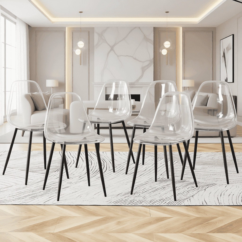 NYEESS Set of 6 Clear Transparent Dining Chairs Armless with Black Metal Legs Modern Acrylic Side Chairs for Kitchen Dining Room