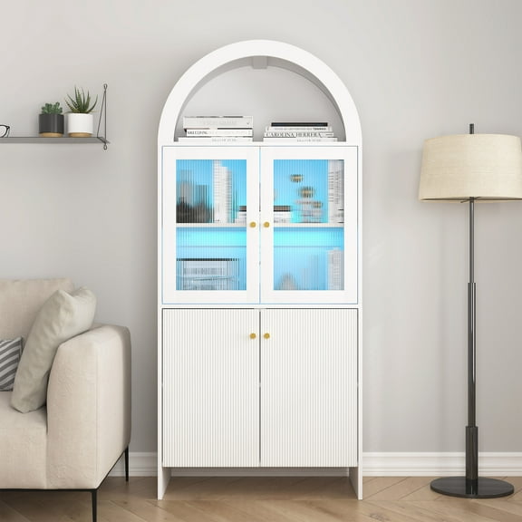 NYEESS Tall Arched Kitchen Pantry Cabinet, 69'' Fluted Storage Cabinet with Led Light and Glass Door,Versatile Cupboard with Adjustable Shelf for Kitchen, Dining Room, Bathroom