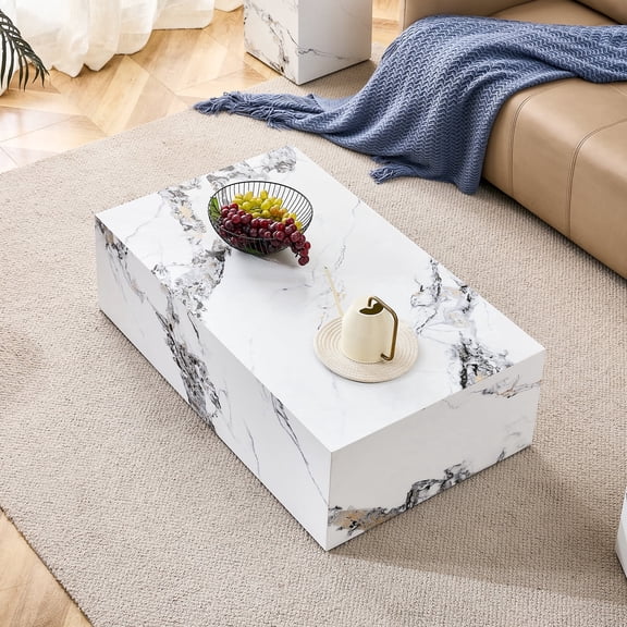 NYEESS White Faux Marble Coffee Table, Rectangle MDF Center Table for Living Room, Modern Tea Table for Home and TV Room