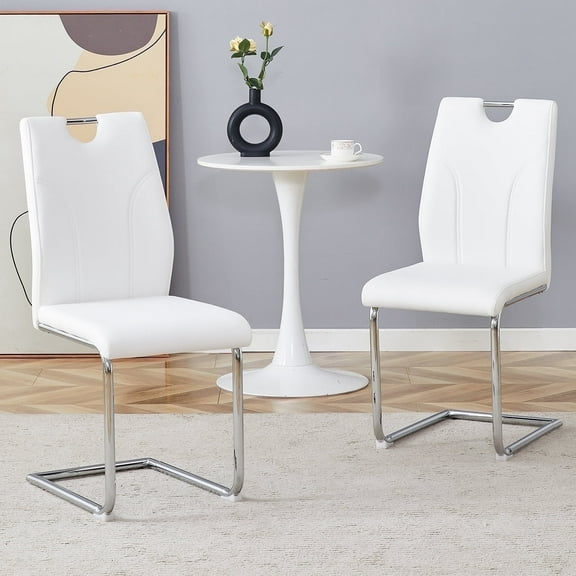 NYEESS Set of 2 White PU Upholstered Dining Chairs with Silver Metal Legs, Modern Ergonomic Seating for Kitchen or Office