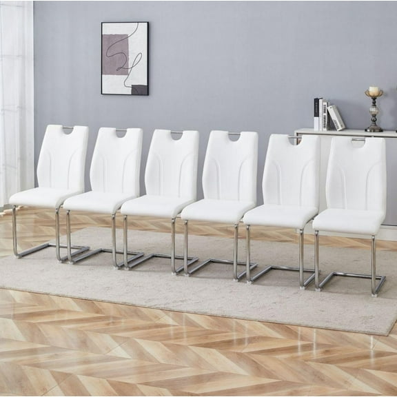 NYEESS Set of 6 White PU Dining Chairs with Silver Metal Legs, Modern Upholstered Seating for Kitchen or Office